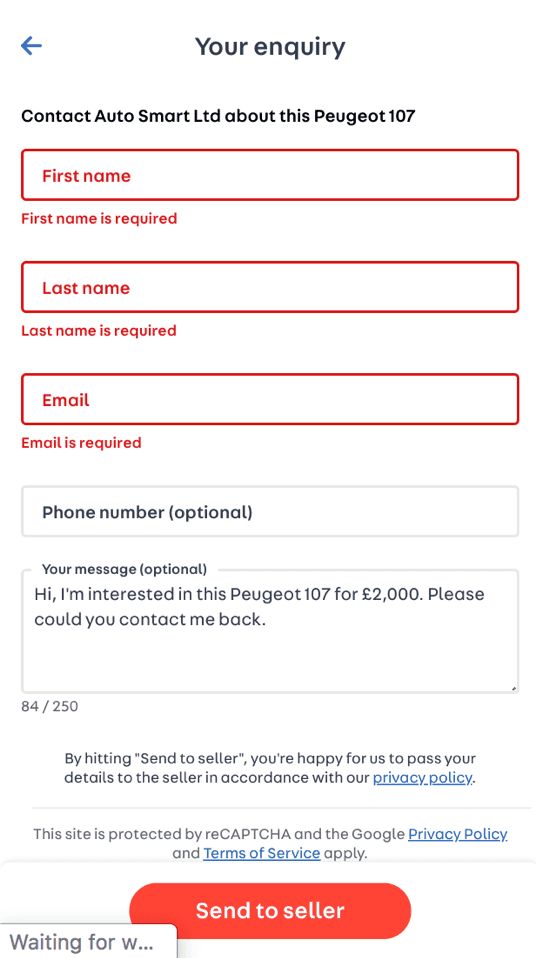 Screenshot of the form with validation errors and no focus