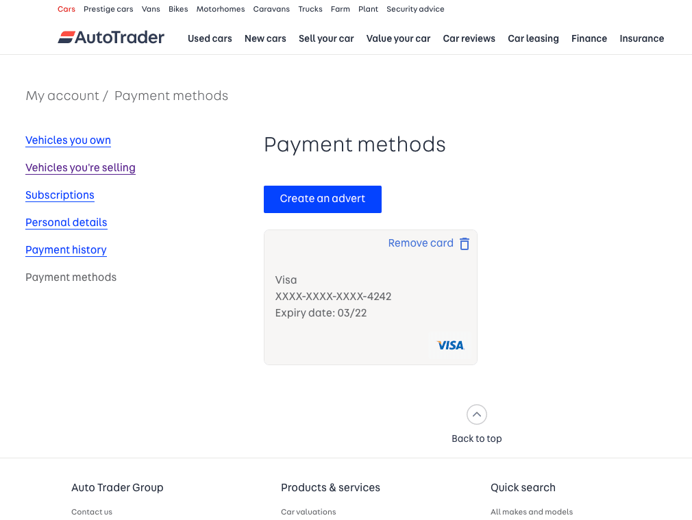 Screenshot of the Payment Methods page in ‘My Account